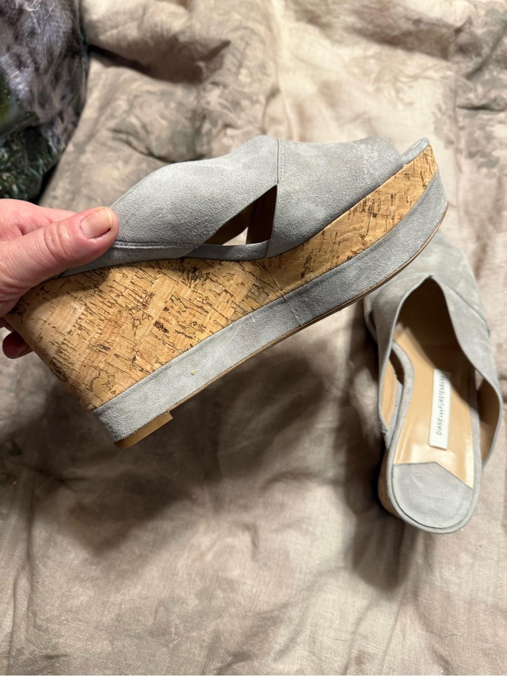 Diane Von Furstenberg Light Gray Suede Cork Platform Wedges